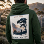 Green hoodie with back graphic print, hooded sweatshirt style, large framed artwork.