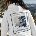 Eco hoodie, white, back print square graphic with trees and text 'Above the Snowline'