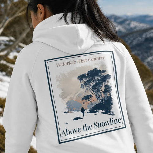 Eco hoodie, white, back print square graphic with trees and text 'Above the Snowline'