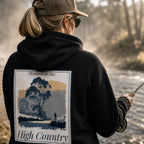 Black eco hoodie with large back graphic print and adjustable hood