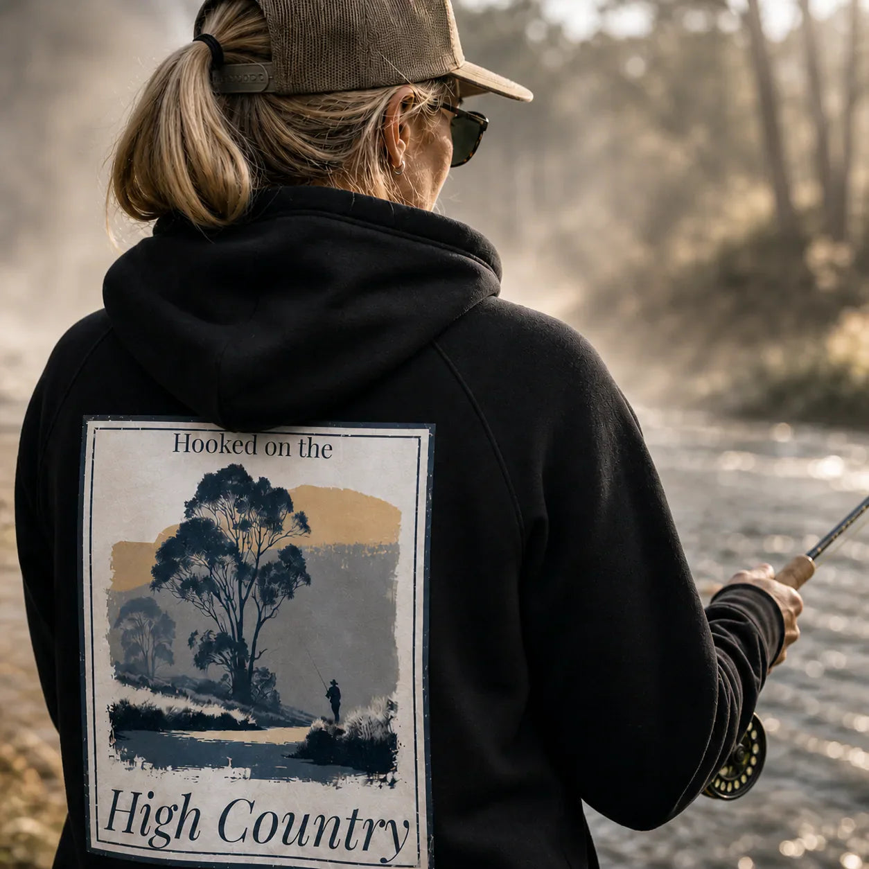 Black eco hoodie with large back graphic print and adjustable hood