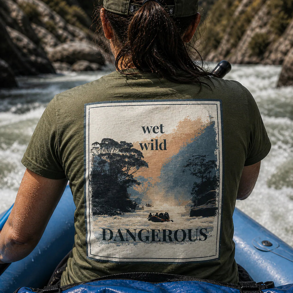 Khaki organic tee with square “wet wild” “DANGEROUS” back graphic