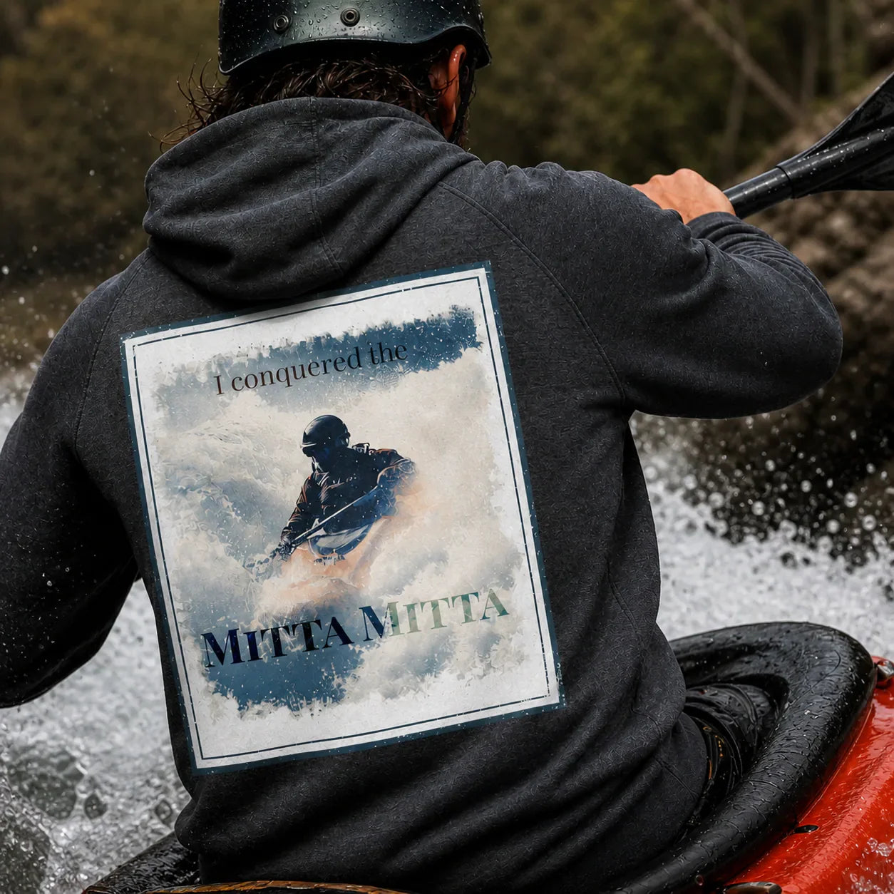 Dark charcoal hoodie with large back graphic and hood up