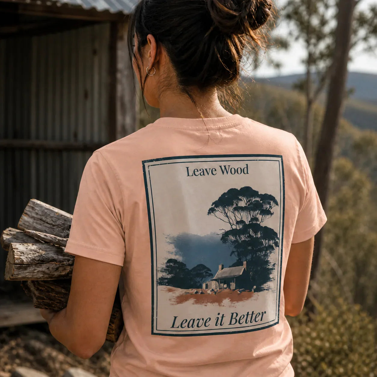 Blush-pink Organic Tee with back “Leave it Better” Leave Wood graphic