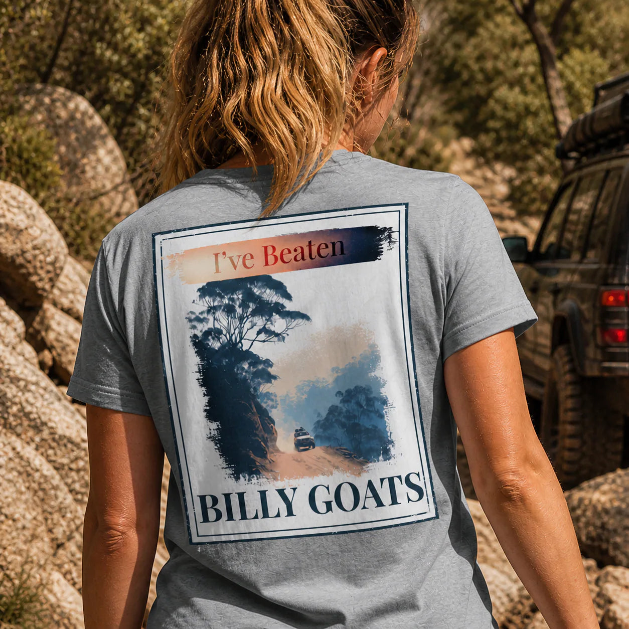 Organic tee back print 'I've Beaten Billy Goats' on dark heather grey
