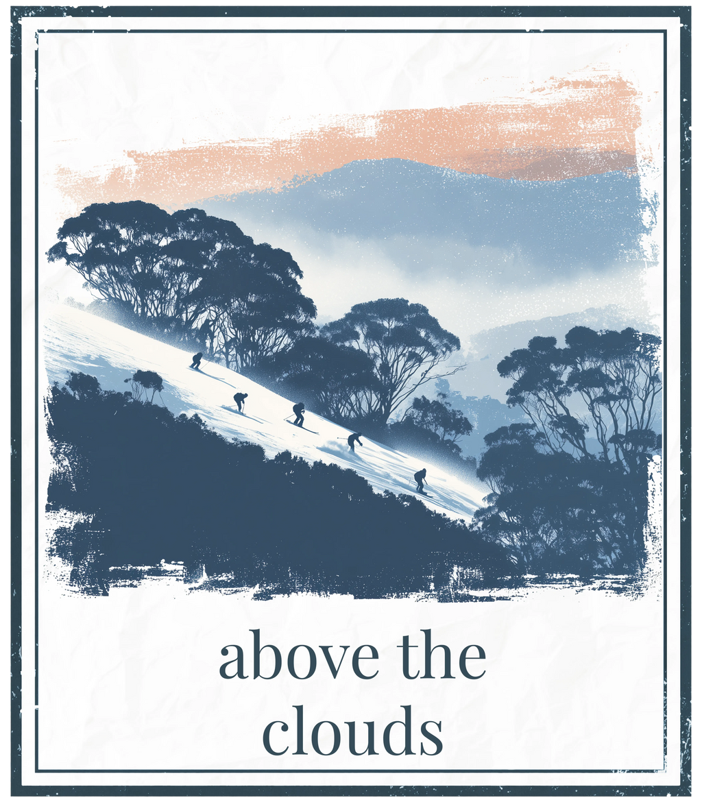 Framed wall print with landscape of hikers and trees, text 'above the clouds'