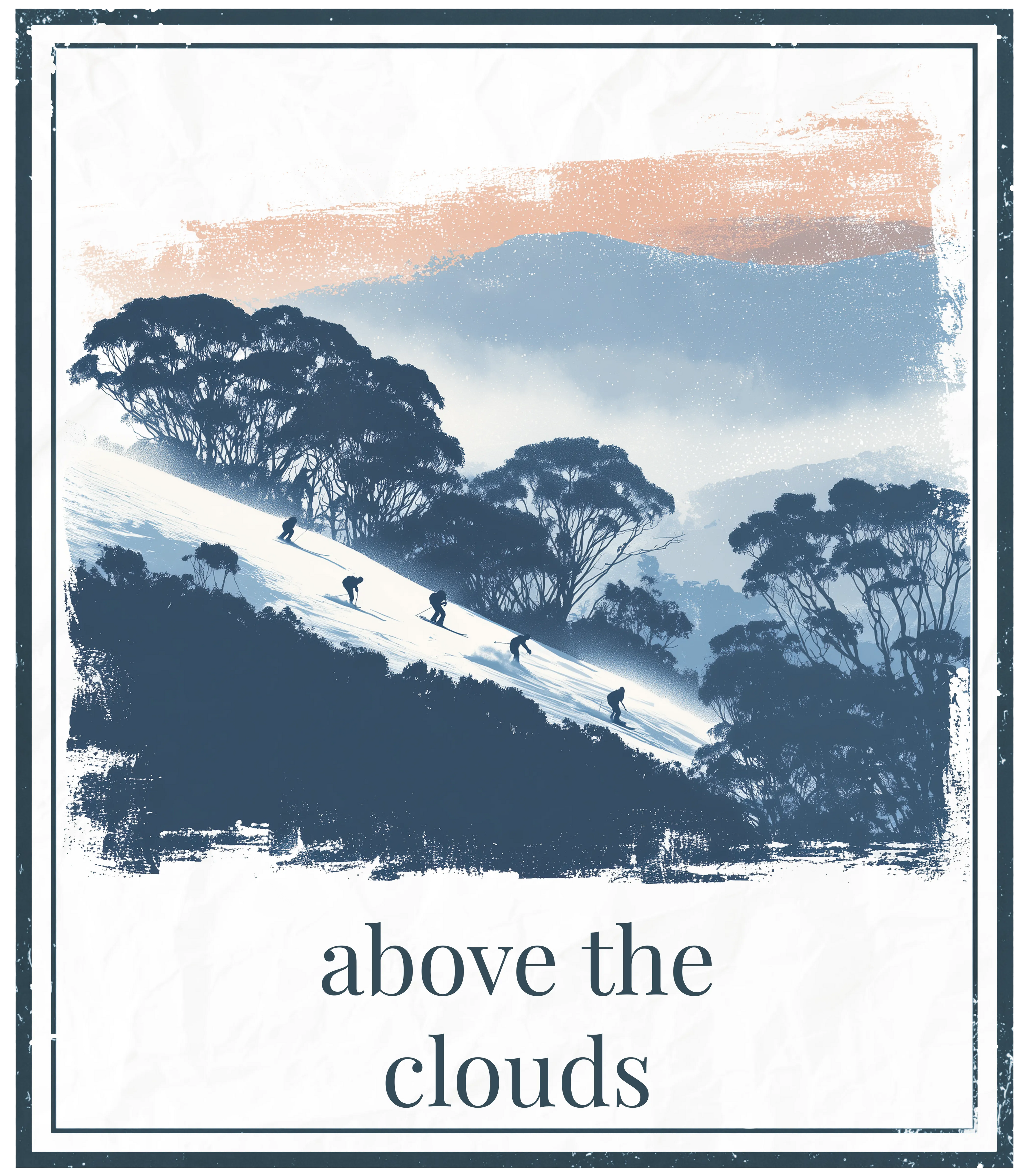 Framed wall print with landscape of hikers and trees, text 'above the clouds'