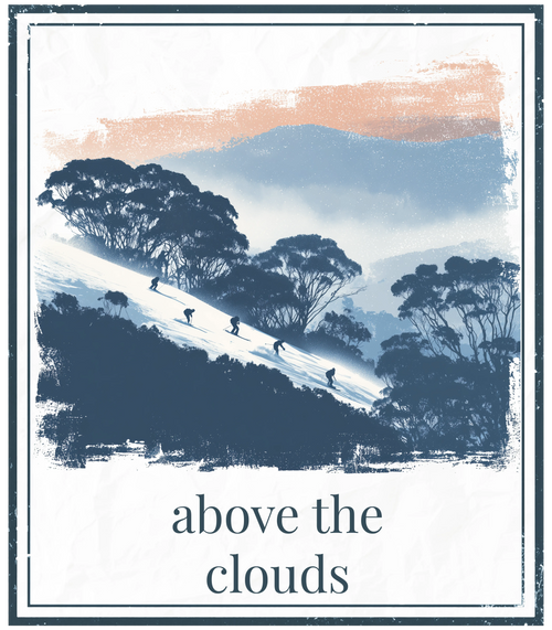 Framed wall print with landscape of hikers and trees, text 'above the clouds'