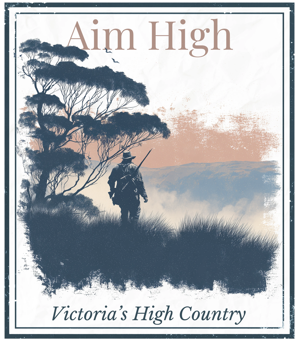 Aim High printed graphic with landscape silhouette and text Victoria's High Country