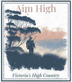 Aim High printed graphic with landscape silhouette and text Victoria's High Country