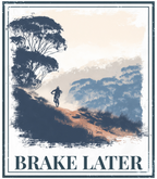 Brake Later graphic print with framed border and bold 'BRAKE LATER' text.