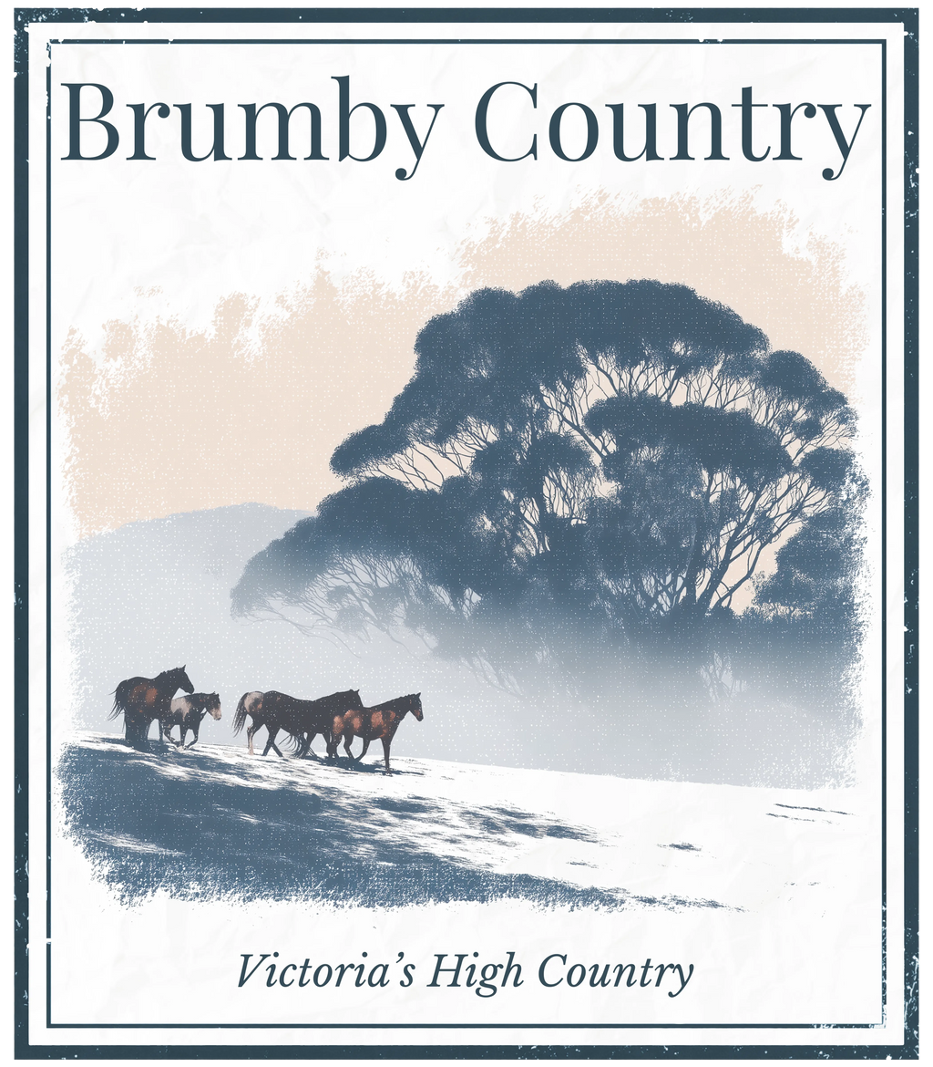 Brumby Country graphic with brumbies, eucalyptus trees, and text Victoria’s High Country