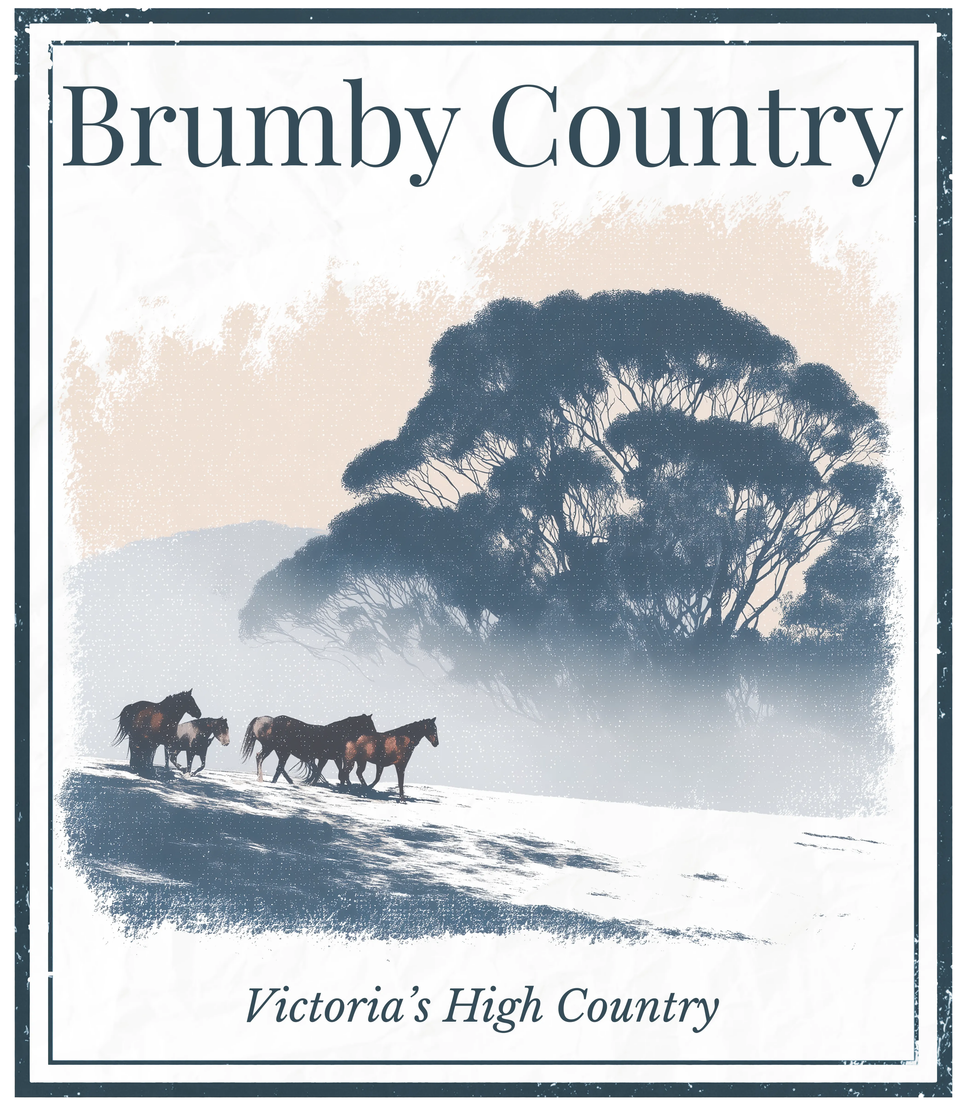Brumby Country graphic with brumbies, eucalyptus trees, and text Victoria’s High Country