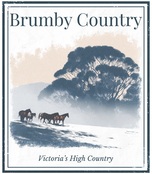 Brumby Country graphic with brumbies, eucalyptus trees, and text Victoria’s High Country