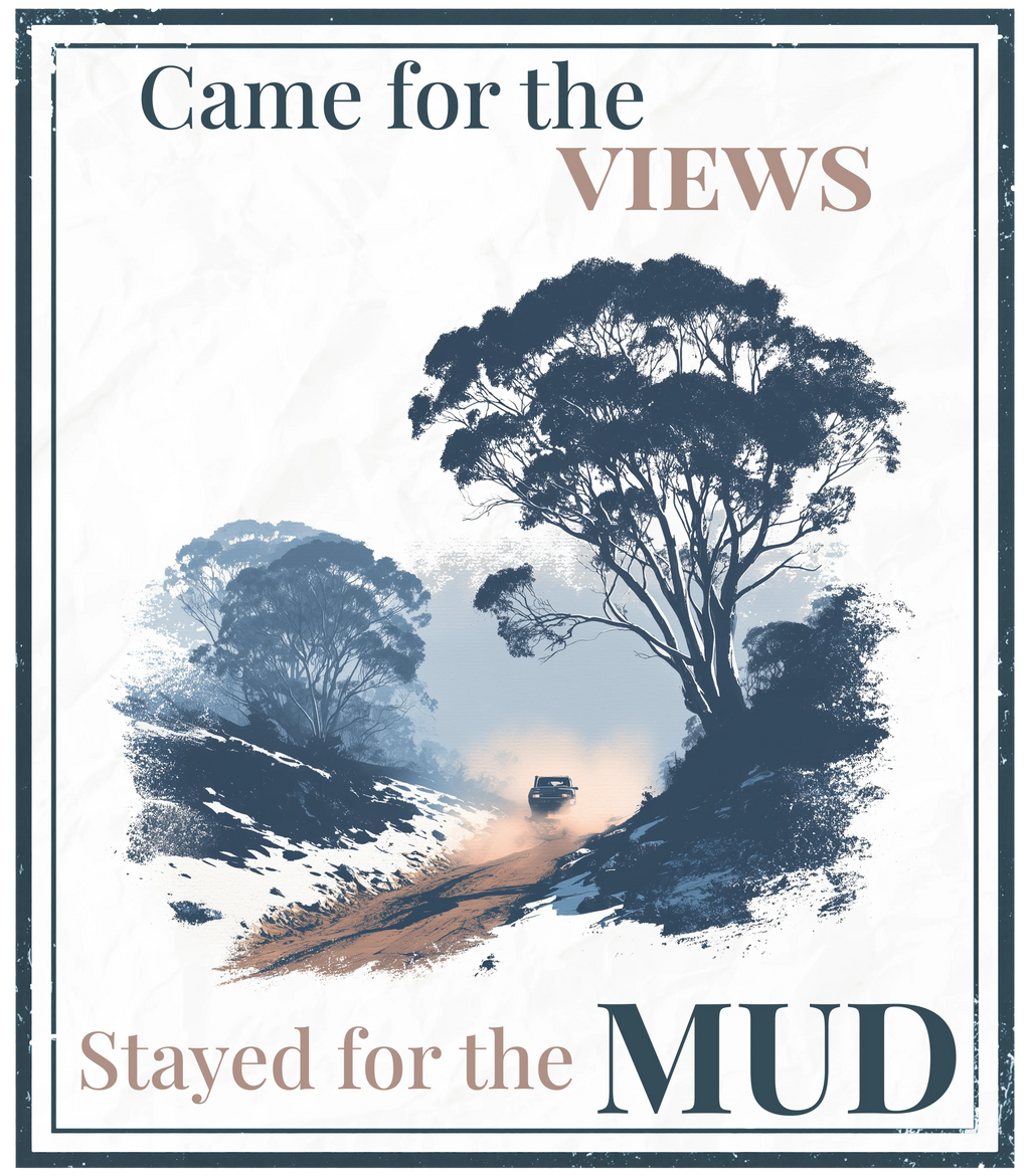 Square Wild East graphic print with tree scene and 'Stayed for the MUD' text