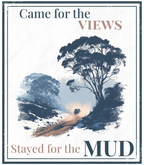 Square Wild East graphic print with tree scene and 'Stayed for the MUD' text