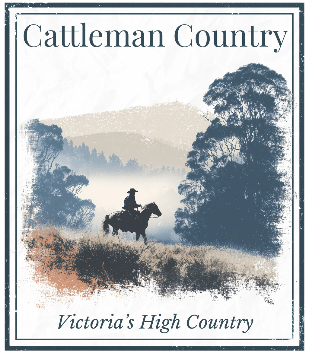 Cattleman Country wall art with cowboy on horse, text 'Victoria’s High Country'