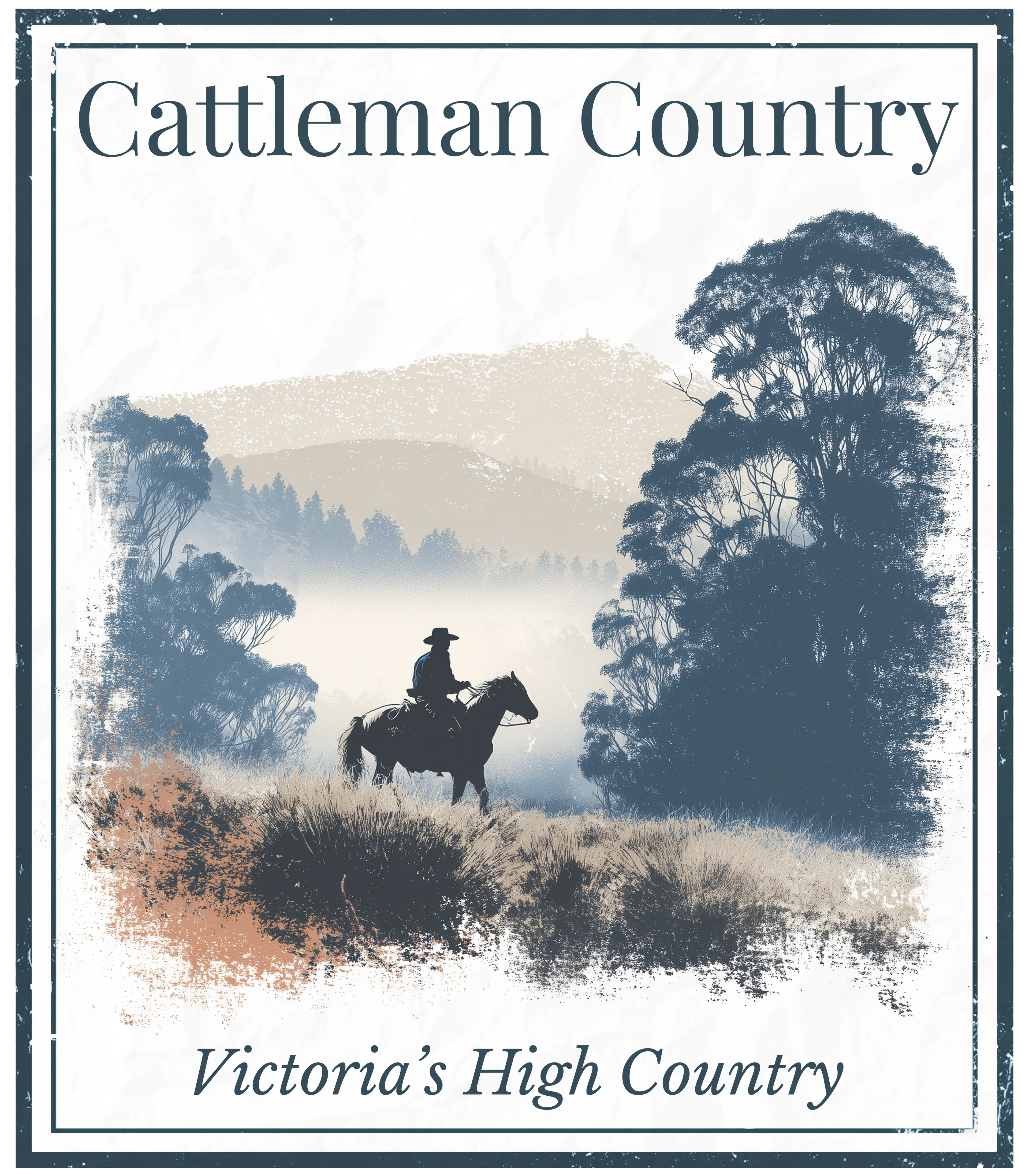 Cattleman Country wall art with cowboy on horse, text 'Victoria’s High Country'
