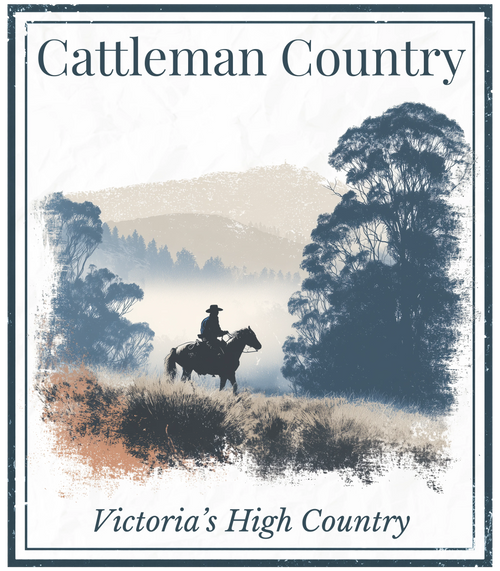 Cattleman Country wall art with cowboy on horse, text 'Victoria’s High Country'