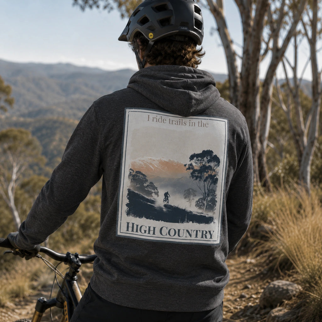 Dark charcoal eco hoodie with back bicycle graphic and HIGH COUNTRY text