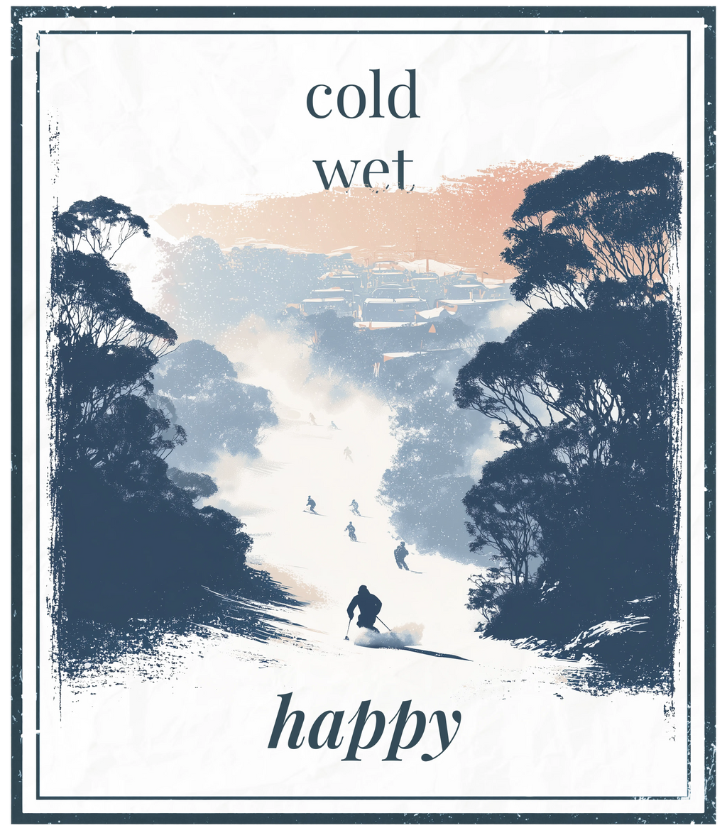 Square winter poster with 'cold wet happy' text and snowy mountain forest scene.