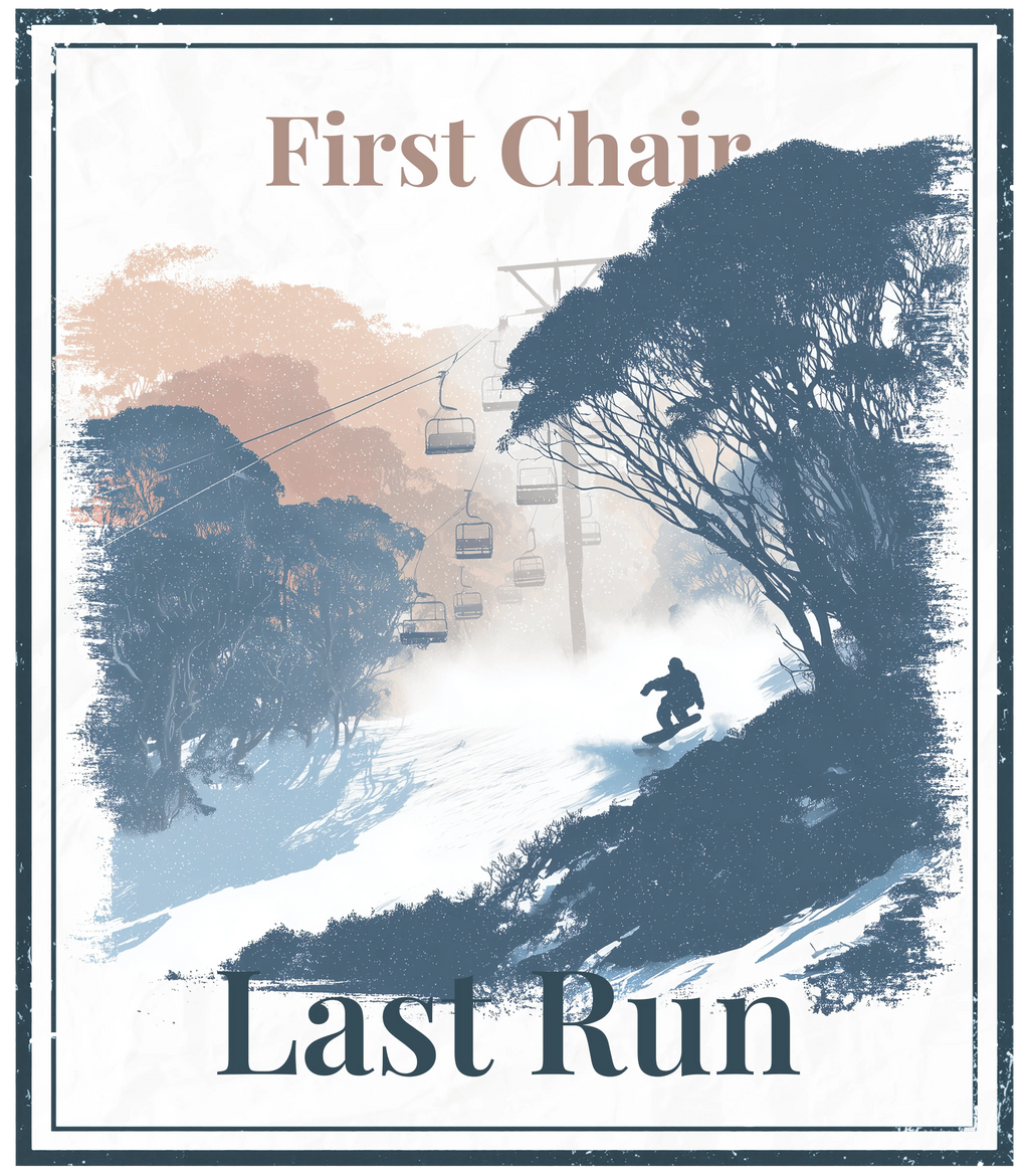Eco hoodie graphic print: First Chair Last Run, skier in landscape