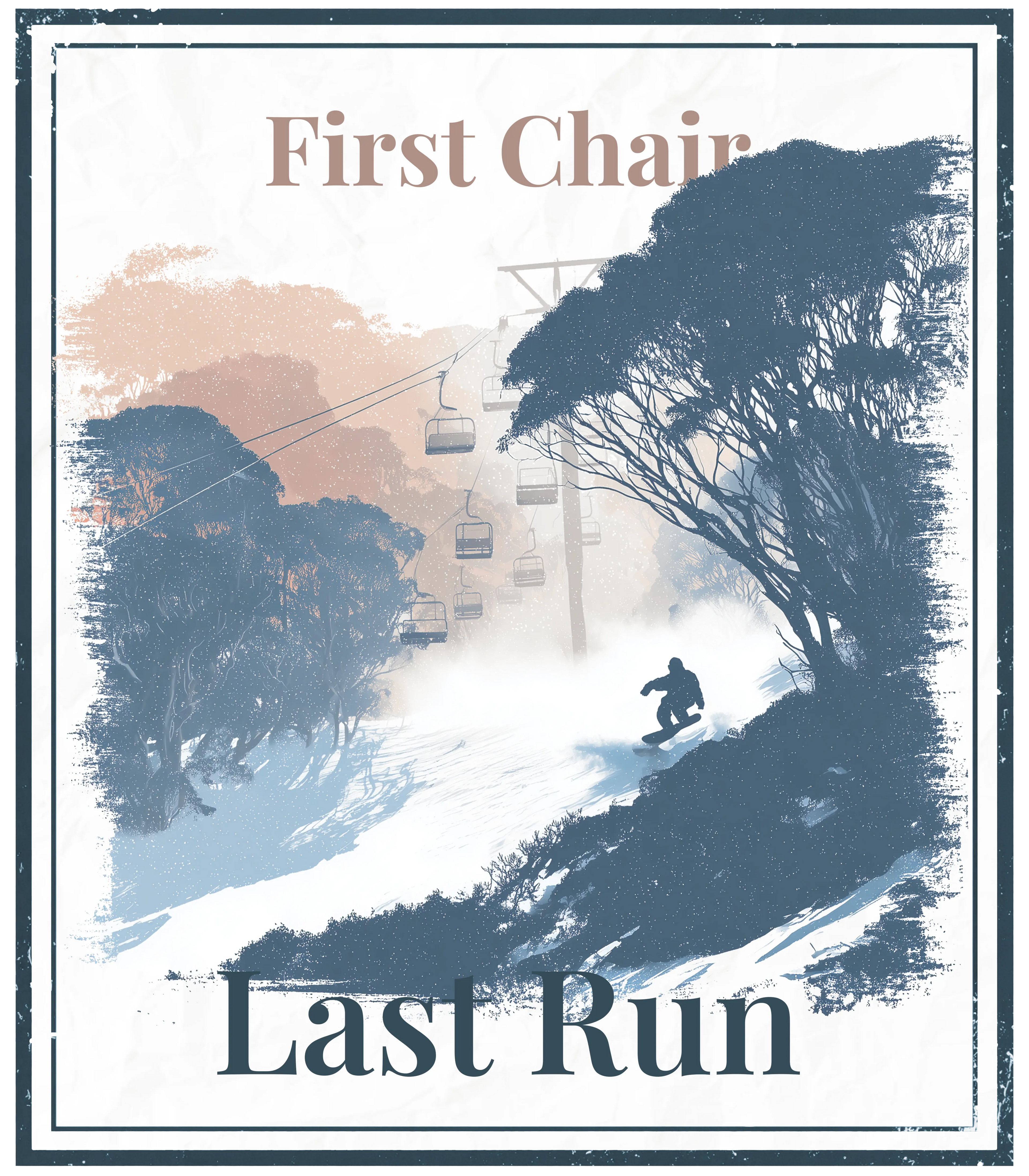 Eco hoodie graphic print: First Chair Last Run, skier in landscape