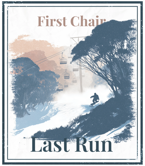 Eco hoodie graphic print: First Chair Last Run, skier in landscape