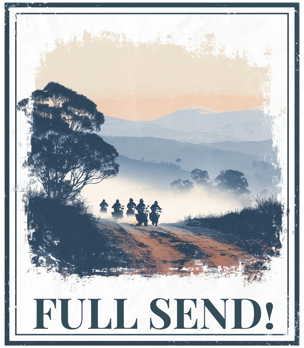 Hoodie graphic with 'FULL SEND!' text and landscape illustration