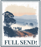 Hoodie graphic with 'FULL SEND!' text and landscape illustration