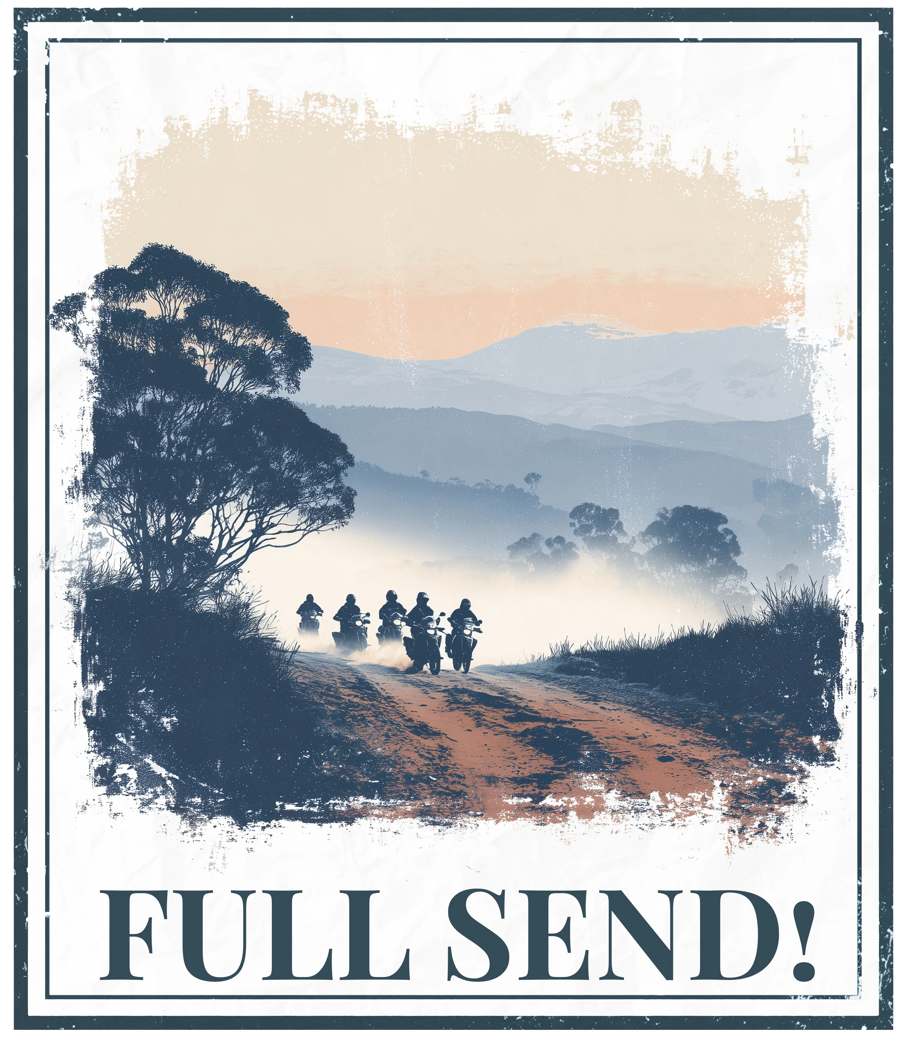 Hoodie graphic with 'FULL SEND!' text and landscape illustration