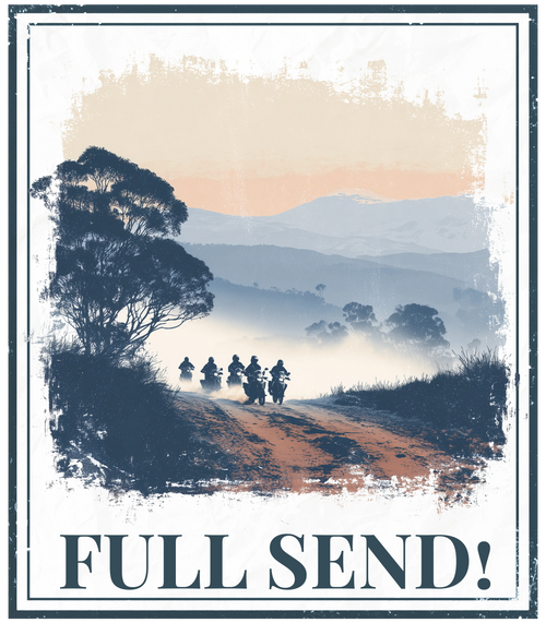 Hoodie graphic with 'FULL SEND!' text and landscape illustration