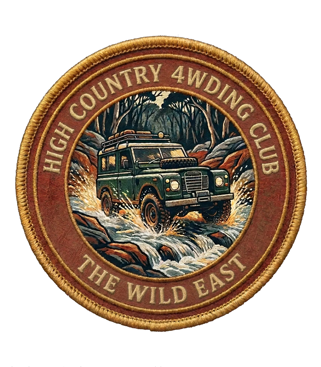 Embroidered circular 4WD club patch with truck graphic and vintage border lettering