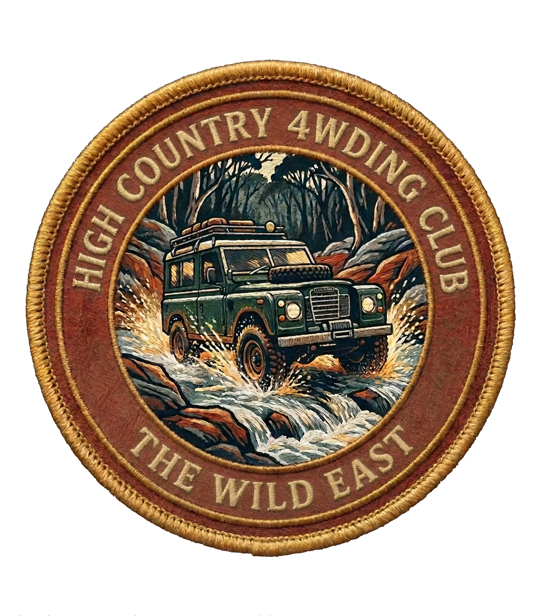 Embroidered circular 4WD club patch with truck graphic and vintage border lettering