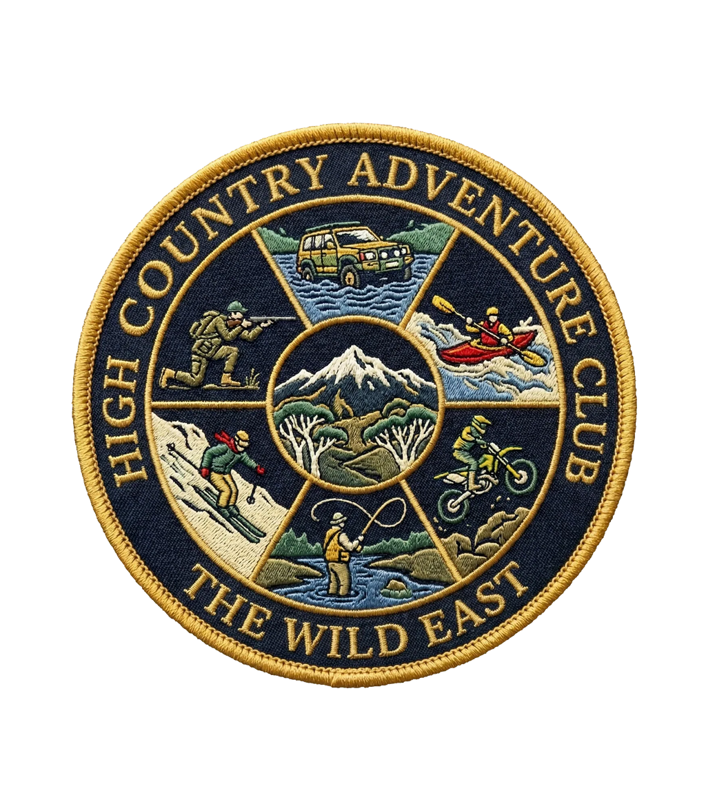 Organic tee: embroidered circular Adventure Club patch graphic, navy and gold