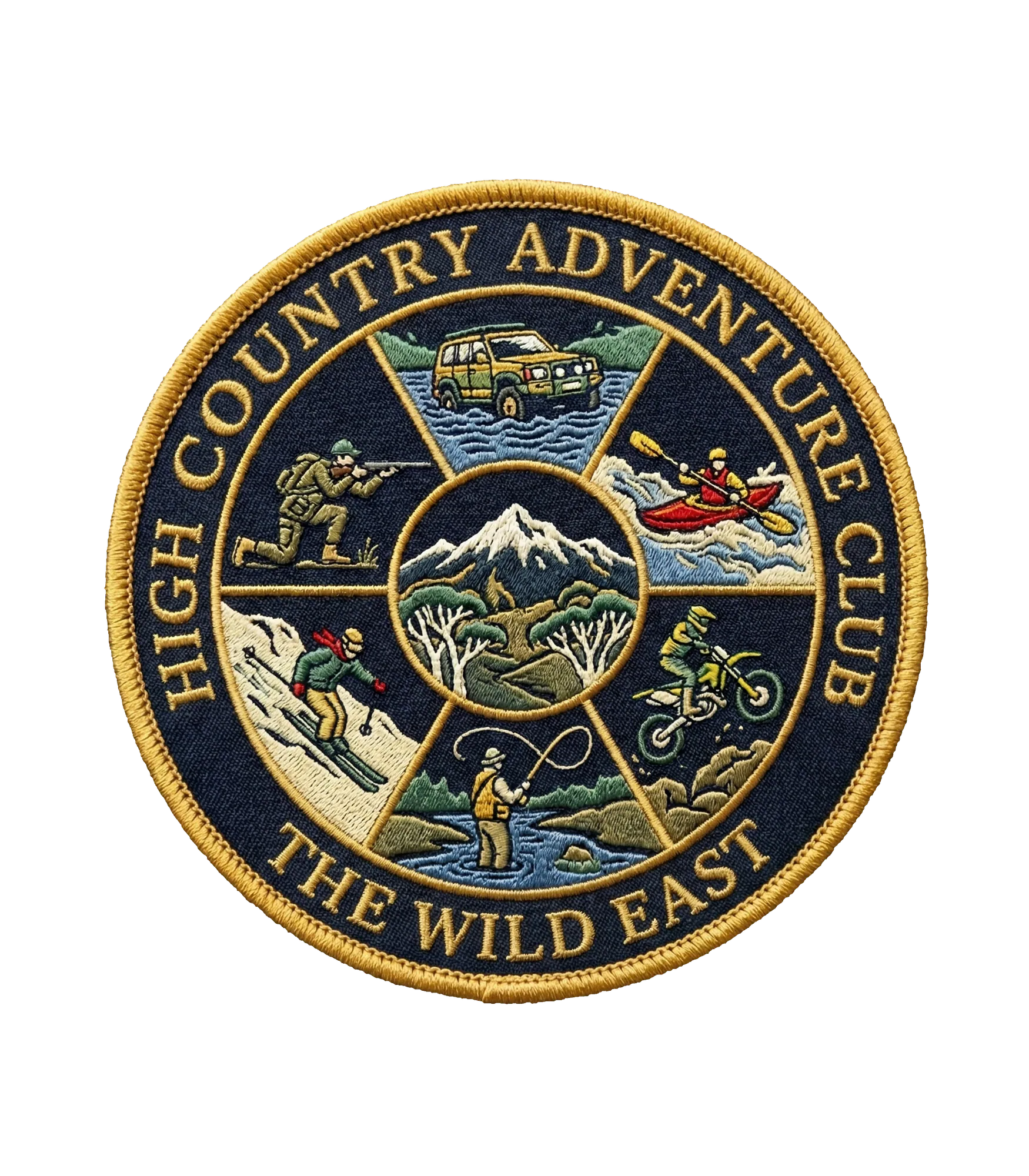 Organic tee: embroidered circular Adventure Club patch graphic, navy and gold