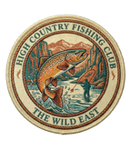 Embroidered circular fishing club patch with fish scene and stitched border
