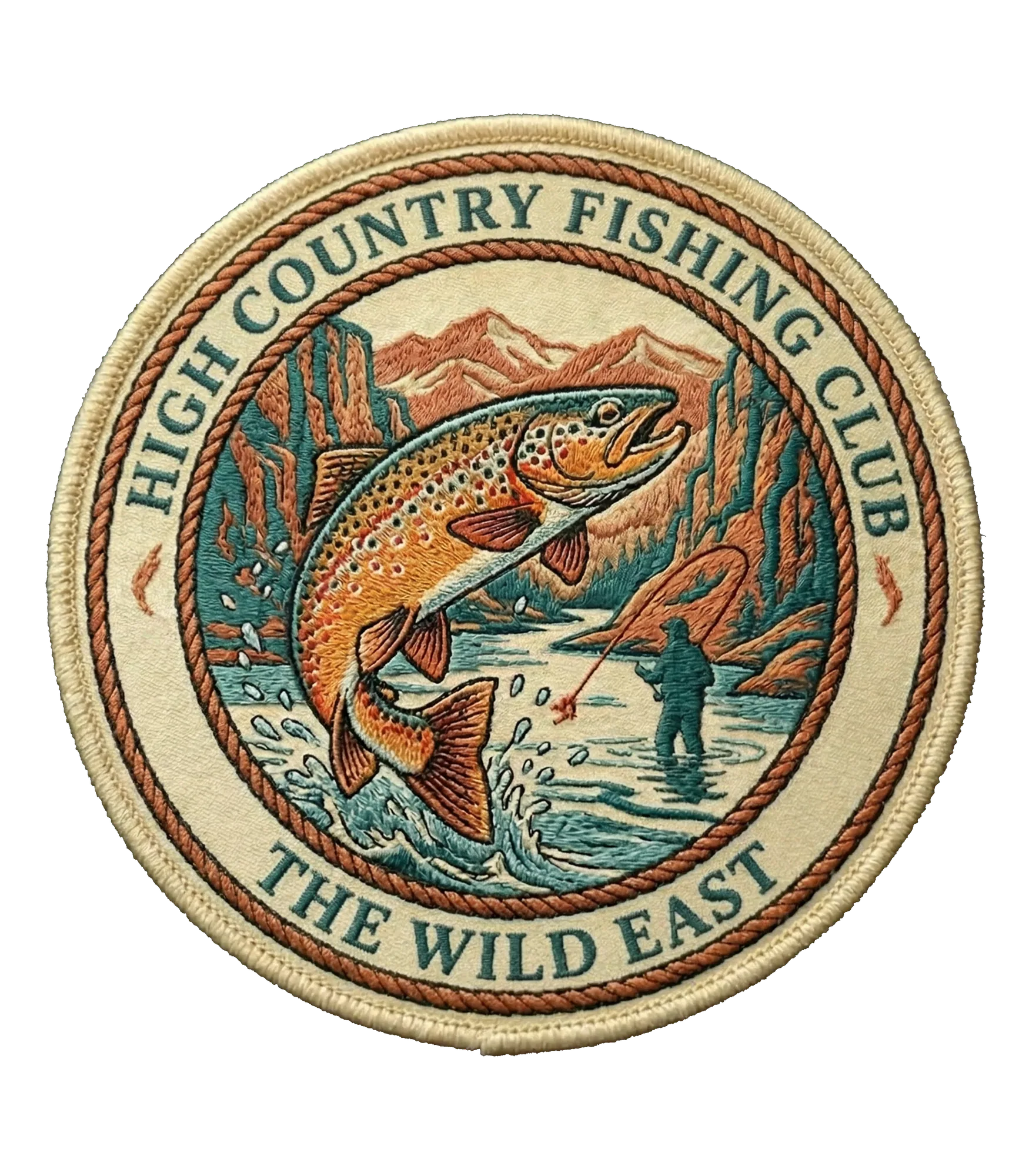 Embroidered circular fishing club patch with fish scene and stitched border
