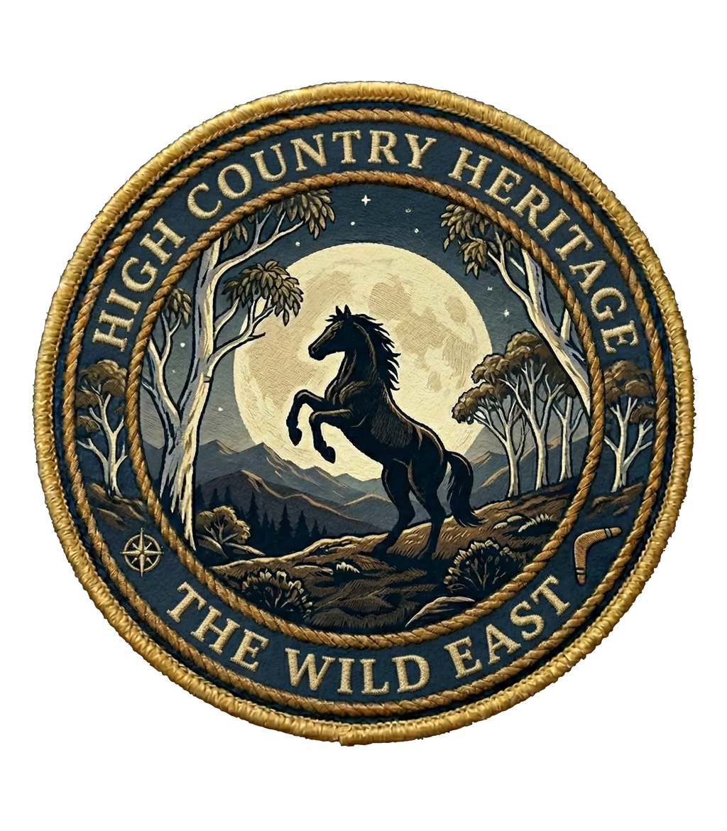 Organic tee graphic patch: circular horse and forest emblem with brand text around it