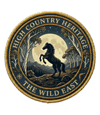 Organic tee graphic patch: circular horse and forest emblem with brand text around it