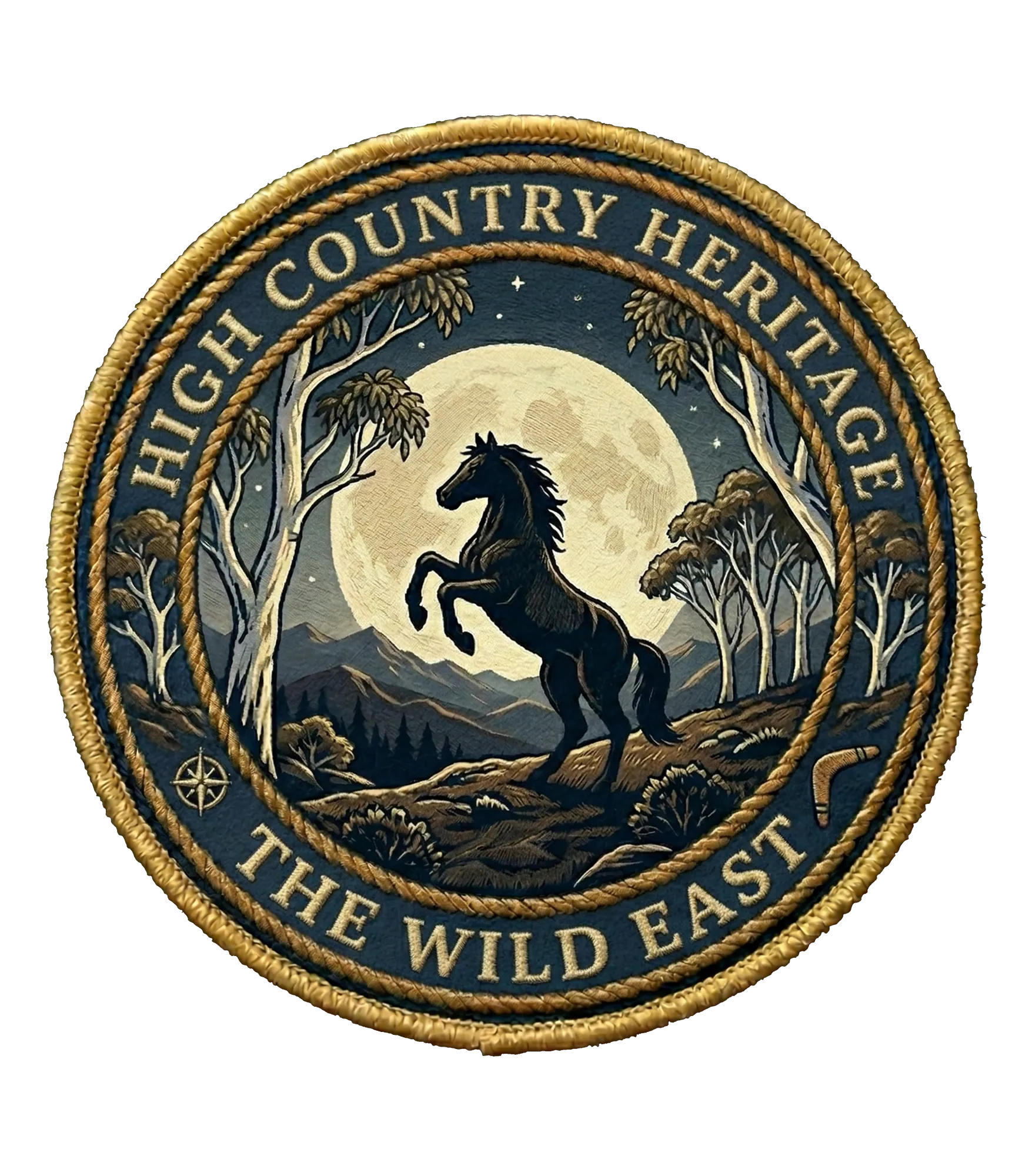 Organic tee graphic patch: circular horse and forest emblem with brand text around it