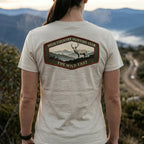 Organic Tee in white with back hunting club graphic and deer illustration