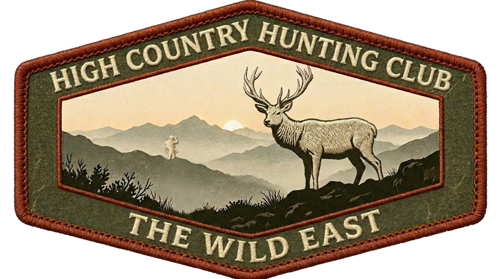Embroidered hunting club patch with deer graphic and “WILD EAST” text