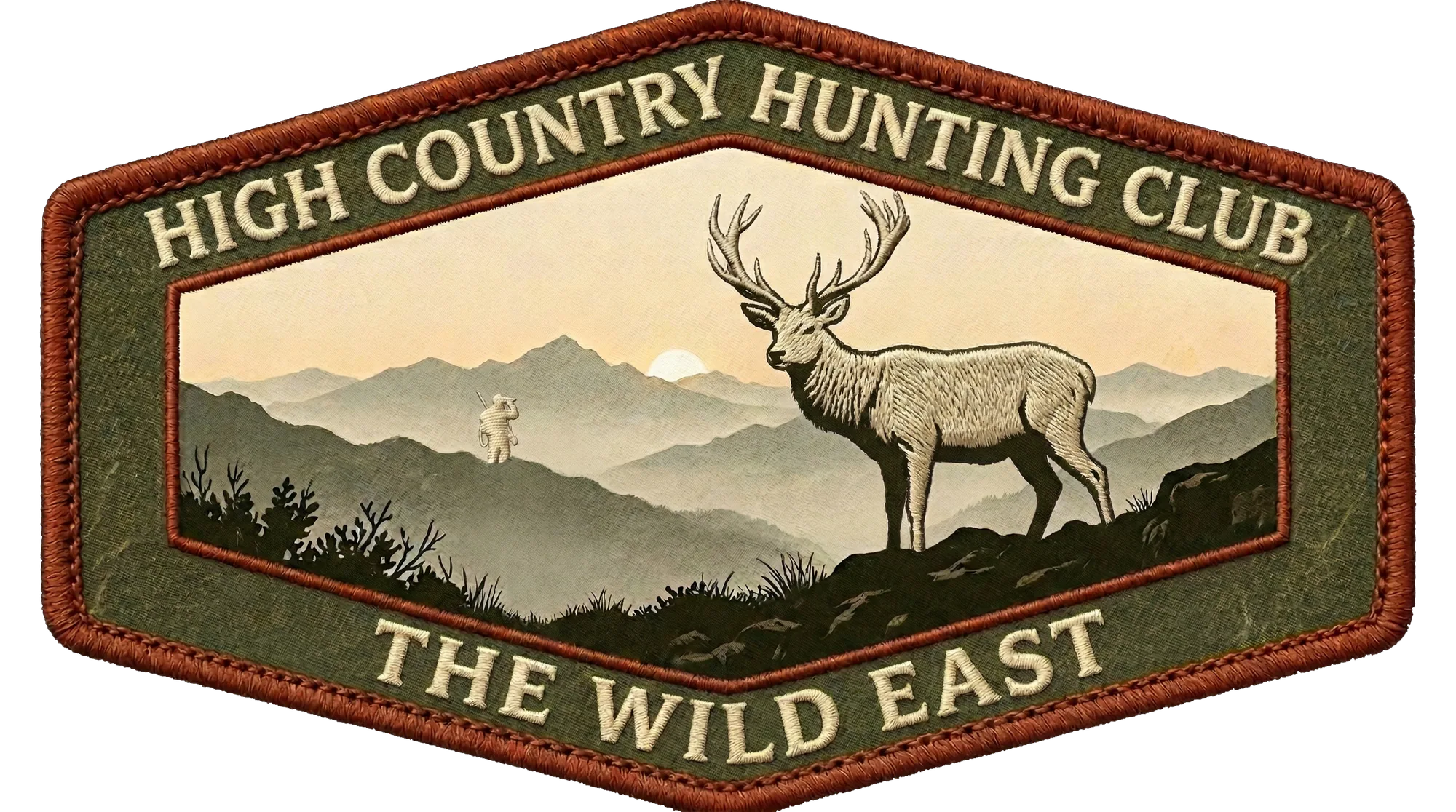 Embroidered hunting club patch with deer graphic and “WILD EAST” text
