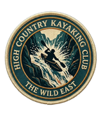 Organic tee embroidered circular kayaking club patch with kayak paddler scene, teal and cream.