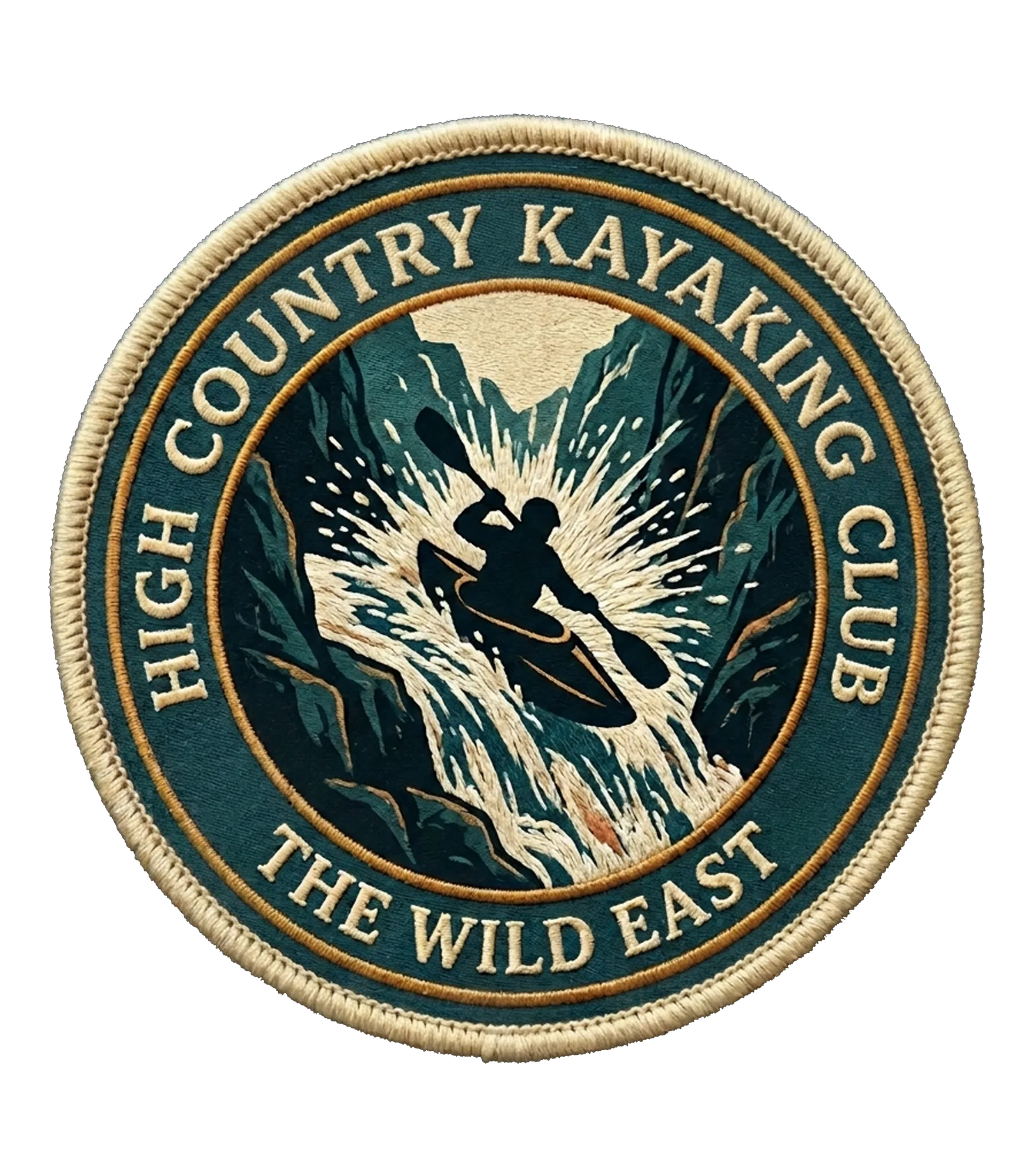 Organic tee embroidered circular kayaking club patch with kayak paddler scene, teal and cream.