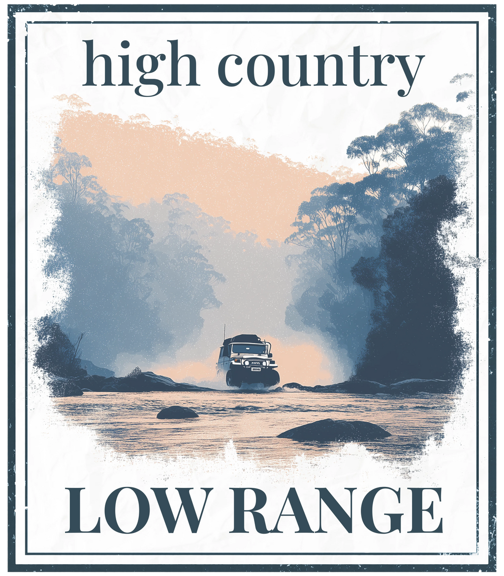 High country low range graphic with landscape scene and off-road vehicle illustration.