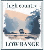 High country low range graphic with landscape scene and off-road vehicle illustration.