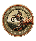 Embroidered circular motocross club patch with riders and arc text detail