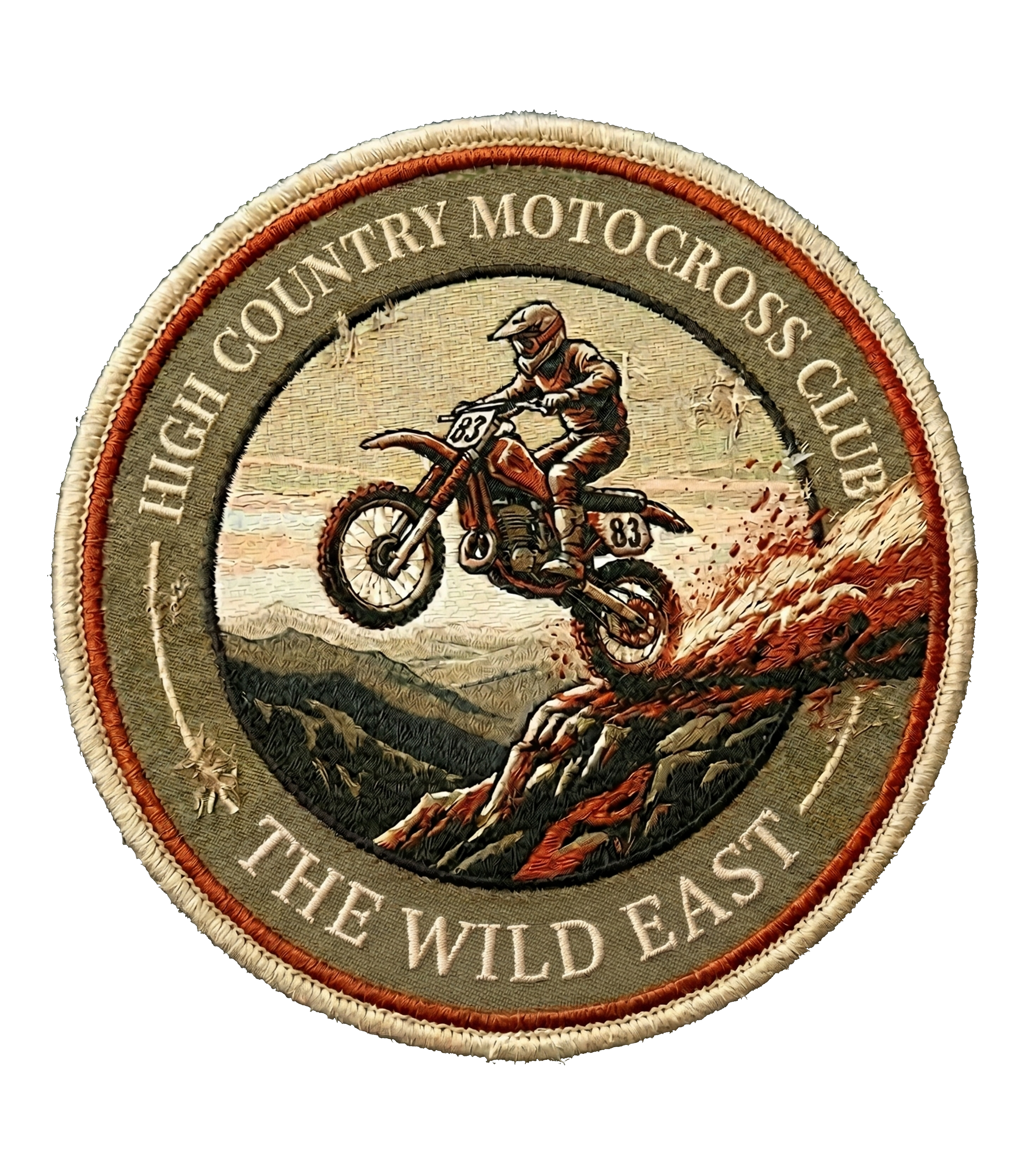 Embroidered circular motocross club patch with riders and arc text detail
